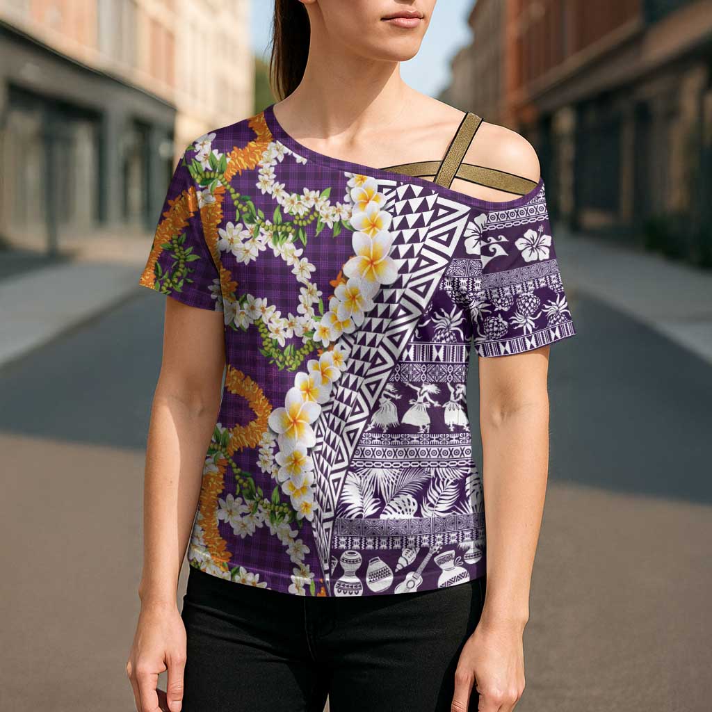 Hawaiian Plumeria Lei Cross Shoulder Shirt Kakau Motifs and Palaka Half Style Purple Color - Polynesian Pride