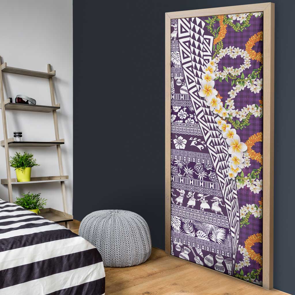 Hawaiian Plumeria Lei Door Cover Kakau Motifs and Palaka Half Style Purple Color - Polynesian Pride