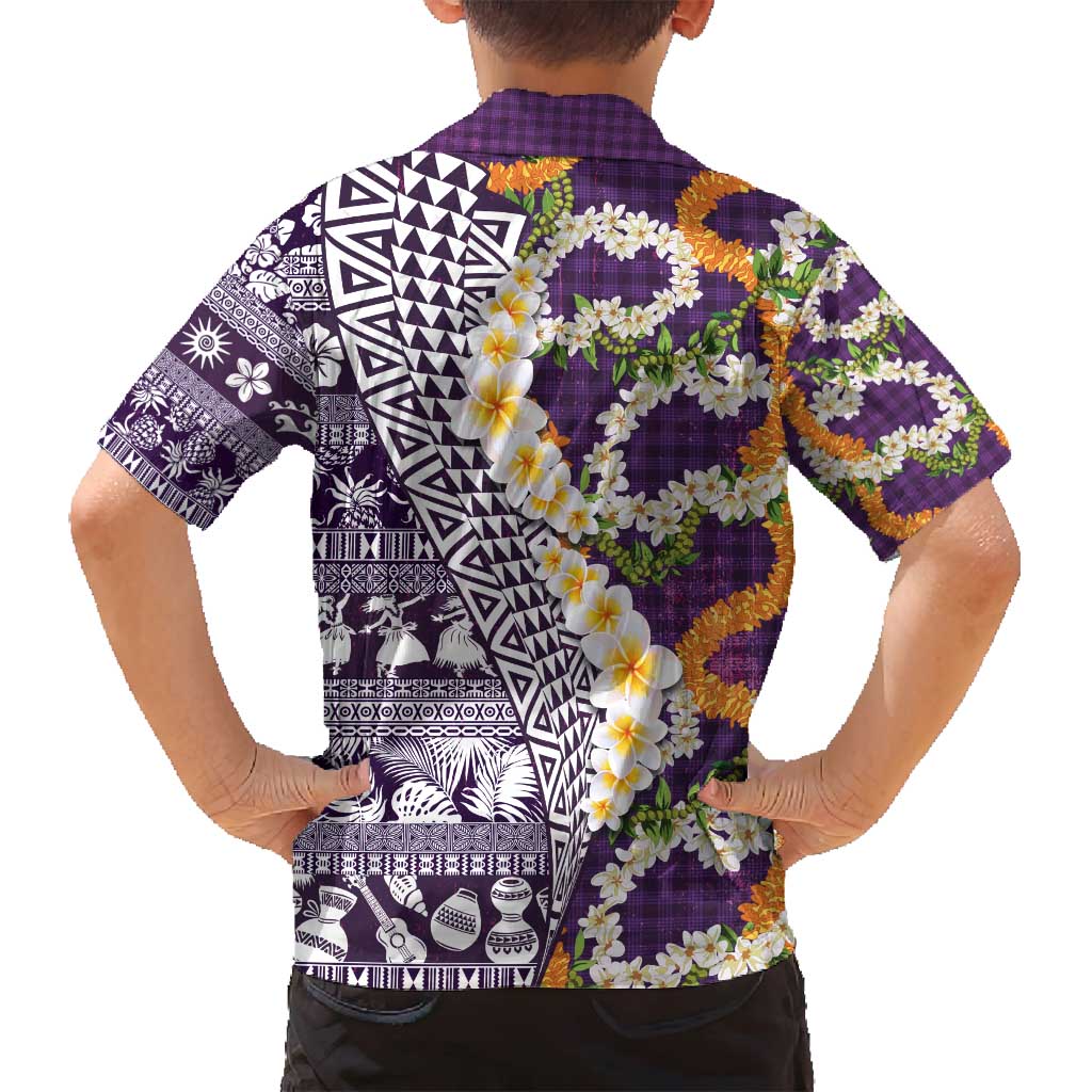 Hawaiian Plumeria Lei Family Matching Long Sleeve Bodycon Dress and Hawaiian Shirt Kakau Motifs and Palaka Half Style Purple Color - Polynesian Pride