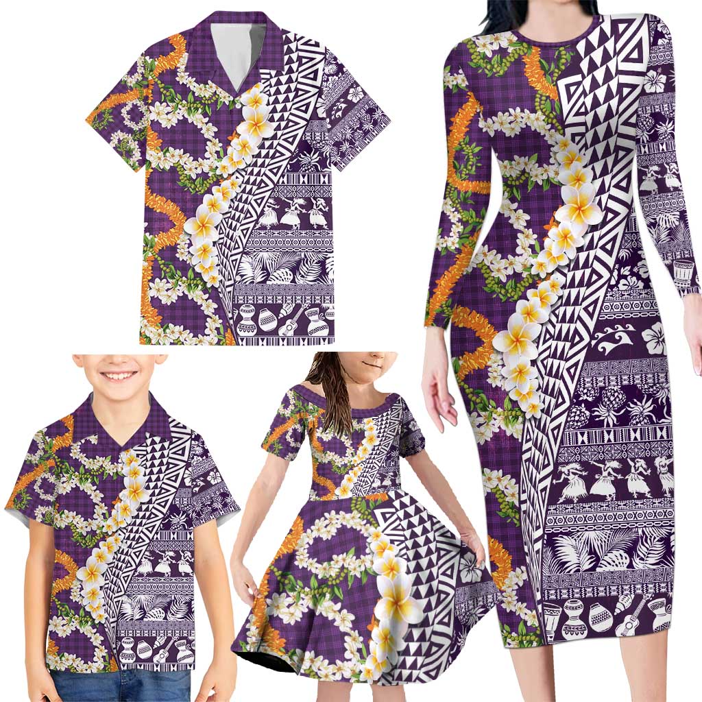 Hawaiian Plumeria Lei Family Matching Long Sleeve Bodycon Dress and Hawaiian Shirt Kakau Motifs and Palaka Half Style Purple Color - Polynesian Pride