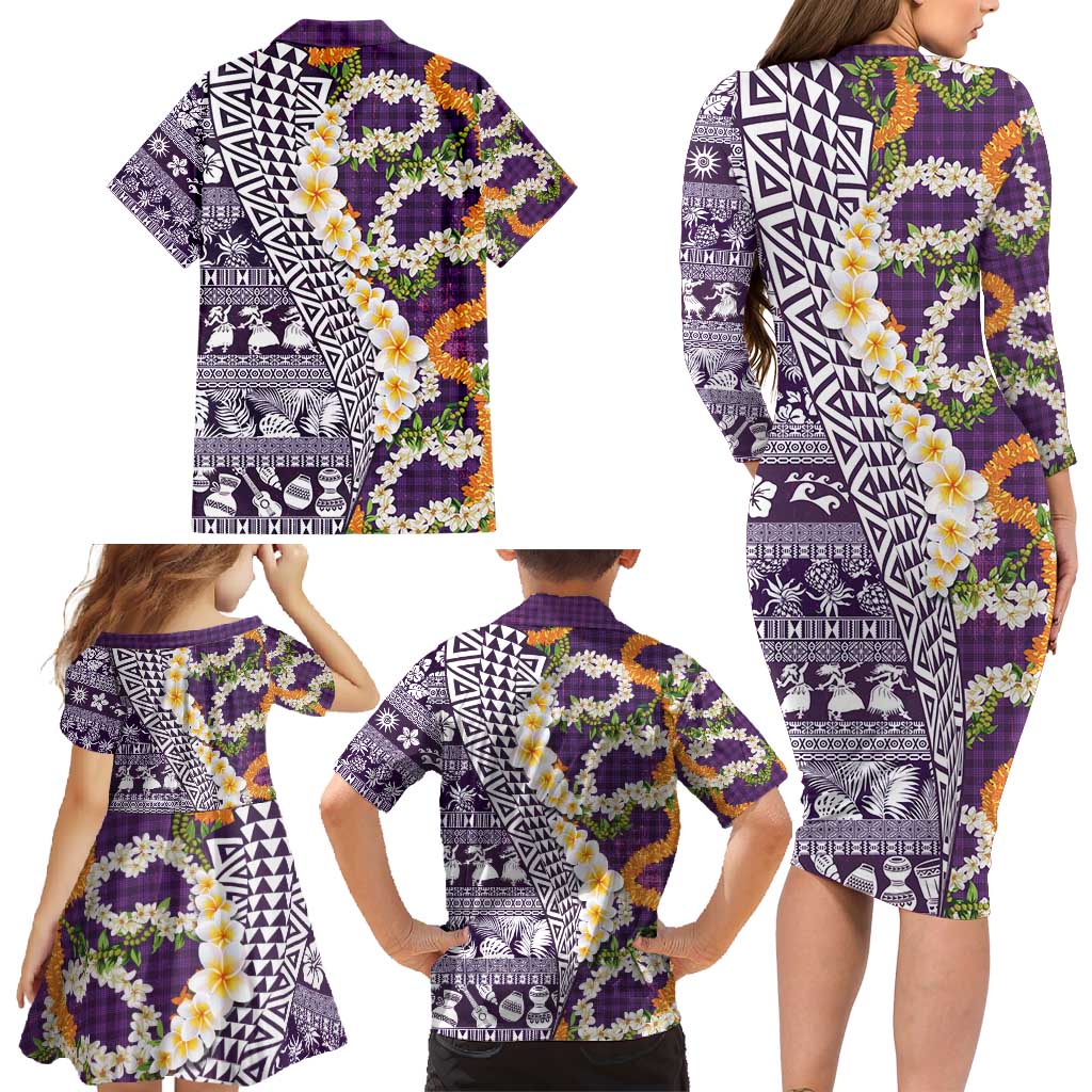 Hawaiian Plumeria Lei Family Matching Long Sleeve Bodycon Dress and Hawaiian Shirt Kakau Motifs and Palaka Half Style Purple Color - Polynesian Pride