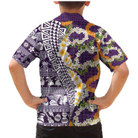 Hawaiian Plumeria Lei Family Matching Mermaid Dress and Hawaiian Shirt Kakau Motifs and Palaka Half Style Purple Color - Polynesian Pride