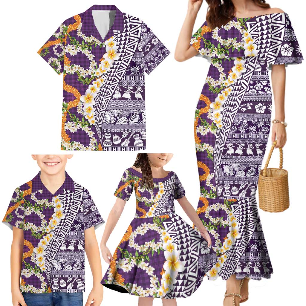 Hawaiian Plumeria Lei Family Matching Mermaid Dress and Hawaiian Shirt Kakau Motifs and Palaka Half Style Purple Color - Polynesian Pride