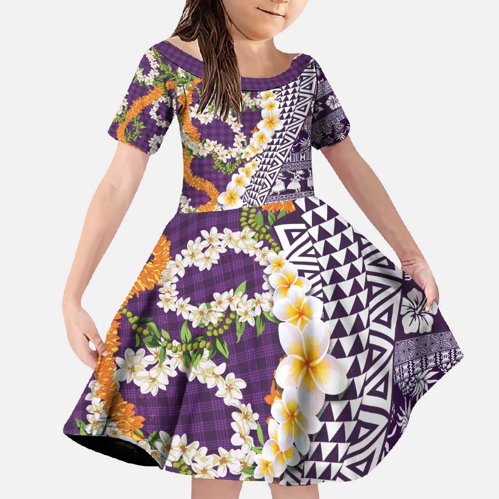 Hawaiian Plumeria Lei Family Matching Off Shoulder Maxi Dress and Hawaiian Shirt Kakau Motifs and Palaka Half Style Purple Color - Polynesian Pride