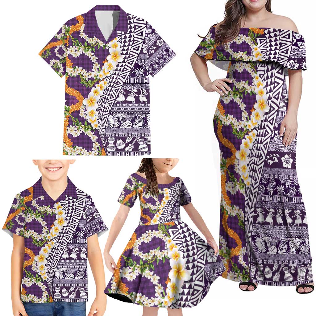 Hawaiian Plumeria Lei Family Matching Off Shoulder Maxi Dress and Hawaiian Shirt Kakau Motifs and Palaka Half Style Purple Color - Polynesian Pride