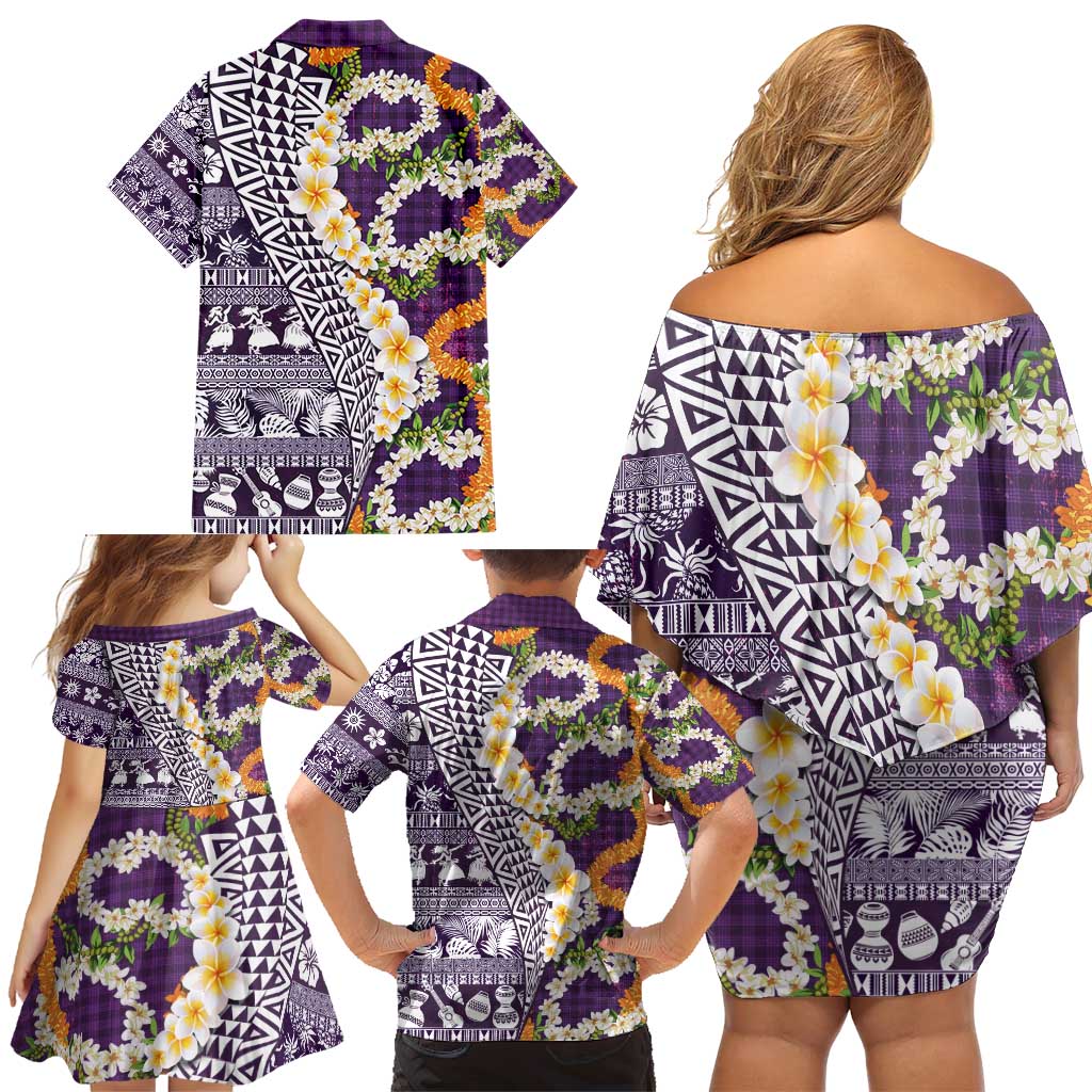 Hawaiian Plumeria Lei Family Matching Off Shoulder Short Dress and Hawaiian Shirt Kakau Motifs and Palaka Half Style Purple Color - Polynesian Pride