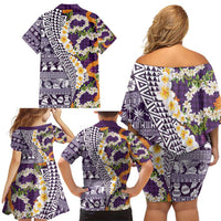 Hawaiian Plumeria Lei Family Matching Off Shoulder Short Dress and Hawaiian Shirt Kakau Motifs and Palaka Half Style Purple Color - Polynesian Pride