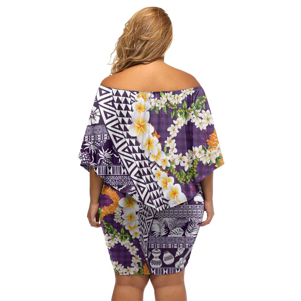 Hawaiian Plumeria Lei Family Matching Off Shoulder Short Dress and Hawaiian Shirt Kakau Motifs and Palaka Half Style Purple Color - Polynesian Pride