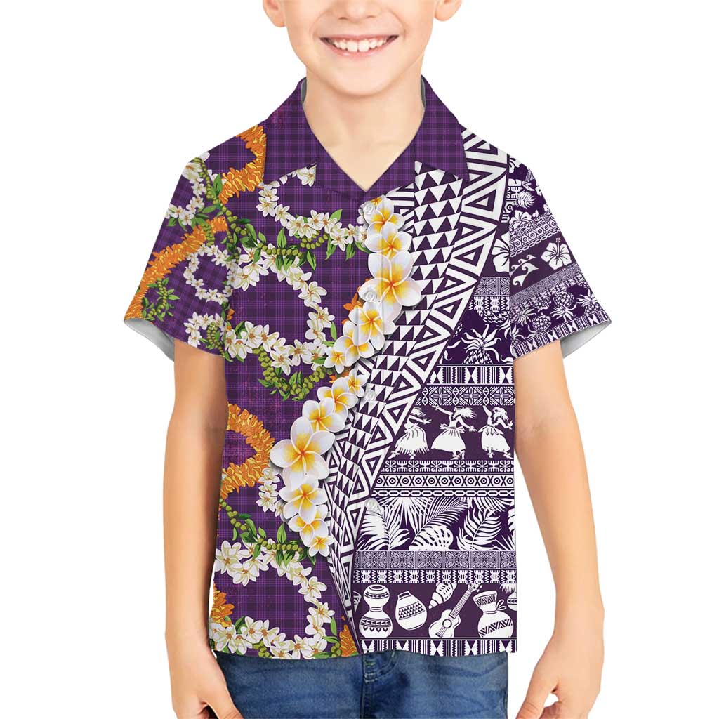 Hawaiian Plumeria Lei Family Matching Off Shoulder Short Dress and Hawaiian Shirt Kakau Motifs and Palaka Half Style Purple Color - Polynesian Pride