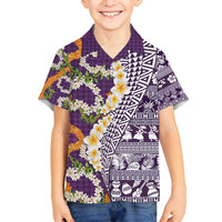 Hawaiian Plumeria Lei Family Matching Off Shoulder Short Dress and Hawaiian Shirt Kakau Motifs and Palaka Half Style Purple Color - Polynesian Pride