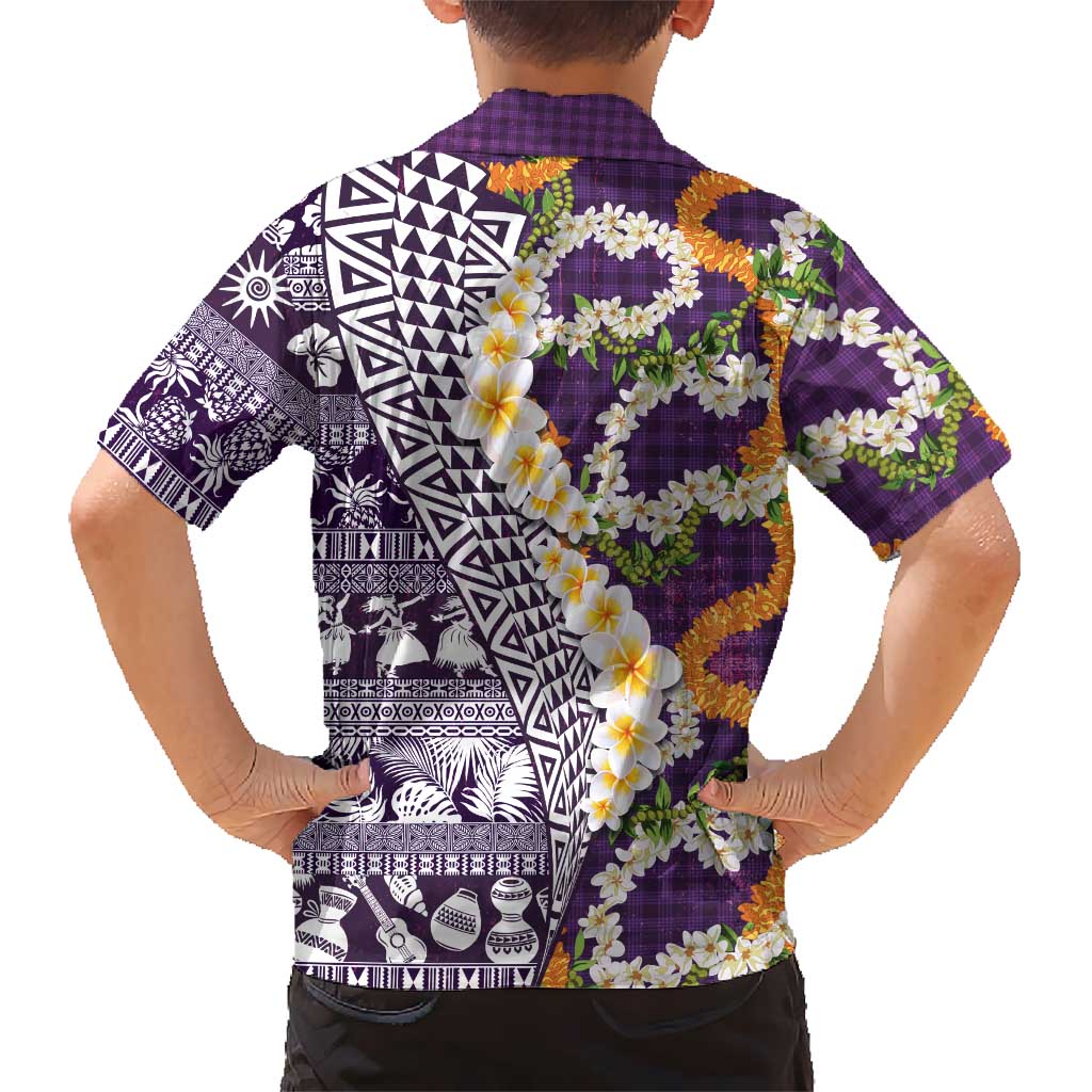 Hawaiian Plumeria Lei Family Matching Puletasi and Hawaiian Shirt Kakau Motifs and Palaka Half Style Purple Color - Polynesian Pride