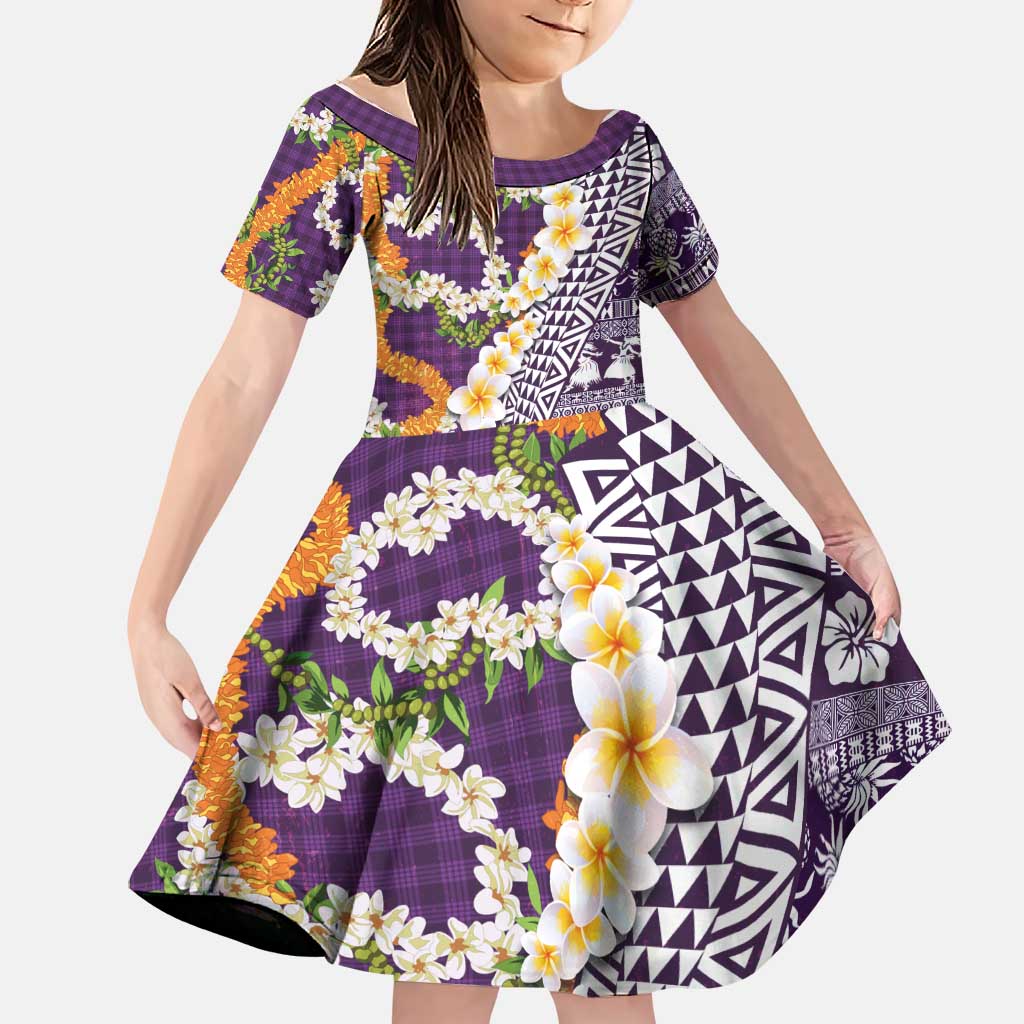 Hawaiian Plumeria Lei Family Matching Puletasi and Hawaiian Shirt Kakau Motifs and Palaka Half Style Purple Color - Polynesian Pride