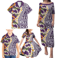 Hawaiian Plumeria Lei Family Matching Puletasi and Hawaiian Shirt Kakau Motifs and Palaka Half Style Purple Color - Polynesian Pride