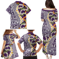 Hawaiian Plumeria Lei Family Matching Puletasi and Hawaiian Shirt Kakau Motifs and Palaka Half Style Purple Color - Polynesian Pride