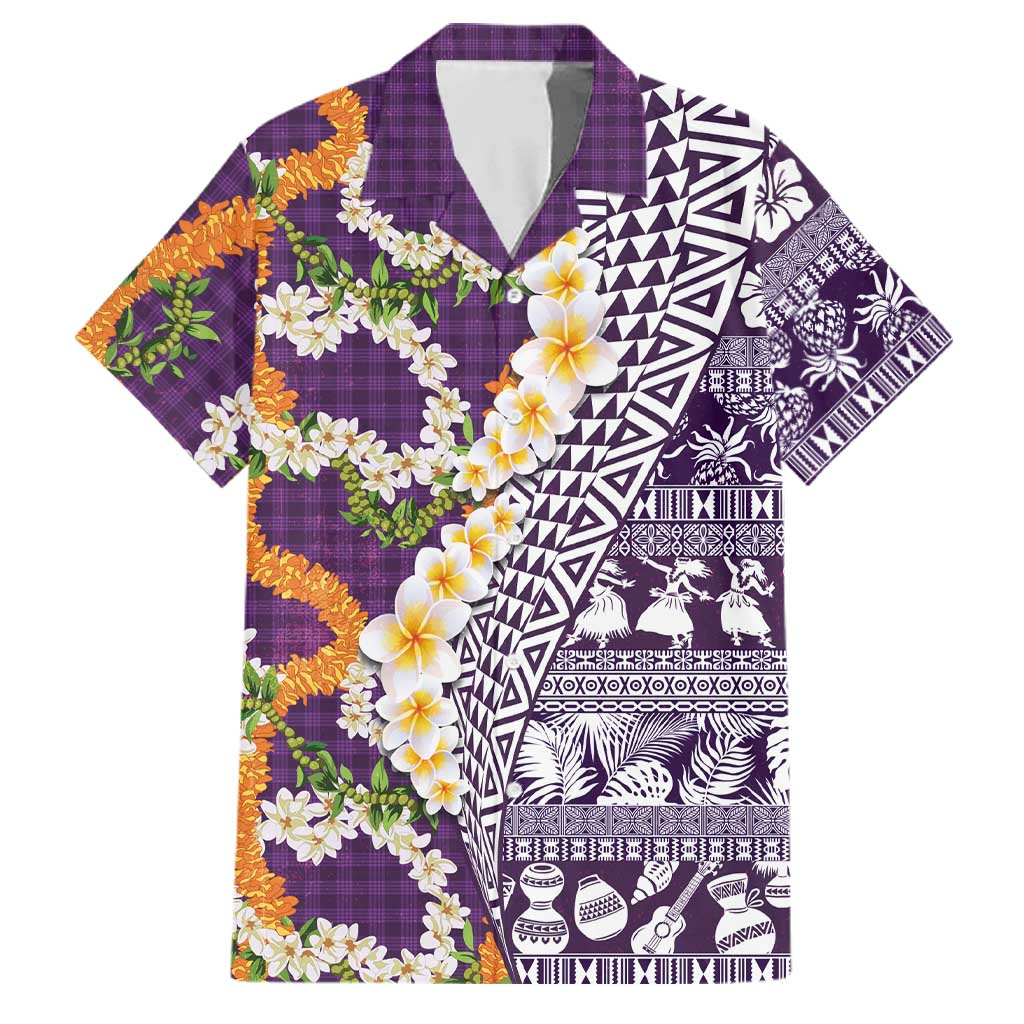 Hawaiian Plumeria Lei Family Matching Puletasi and Hawaiian Shirt Kakau Motifs and Palaka Half Style Purple Color - Polynesian Pride