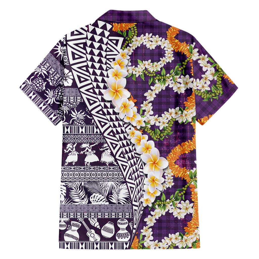Hawaiian Plumeria Lei Family Matching Puletasi and Hawaiian Shirt Kakau Motifs and Palaka Half Style Purple Color - Polynesian Pride