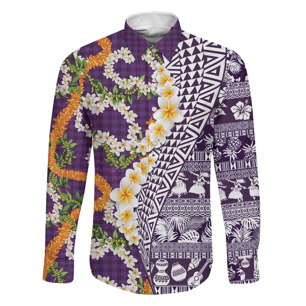Hawaiian Plumeria Lei Family Matching Puletasi and Hawaiian Shirt Kakau Motifs and Palaka Half Style Purple Color - Polynesian Pride