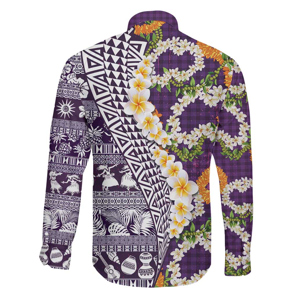 Hawaiian Plumeria Lei Family Matching Puletasi and Hawaiian Shirt Kakau Motifs and Palaka Half Style Purple Color - Polynesian Pride