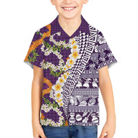 Hawaiian Plumeria Lei Family Matching Puletasi and Hawaiian Shirt Kakau Motifs and Palaka Half Style Purple Color - Polynesian Pride