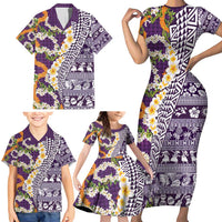 Hawaiian Plumeria Lei Family Matching Short Sleeve Bodycon Dress and Hawaiian Shirt Kakau Motifs and Palaka Half Style Purple Color - Polynesian Pride