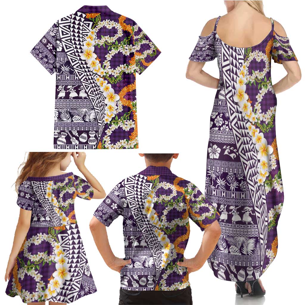 Hawaiian Plumeria Lei Family Matching Summer Maxi Dress and Hawaiian Shirt Kakau Motifs and Palaka Half Style Purple Color - Polynesian Pride