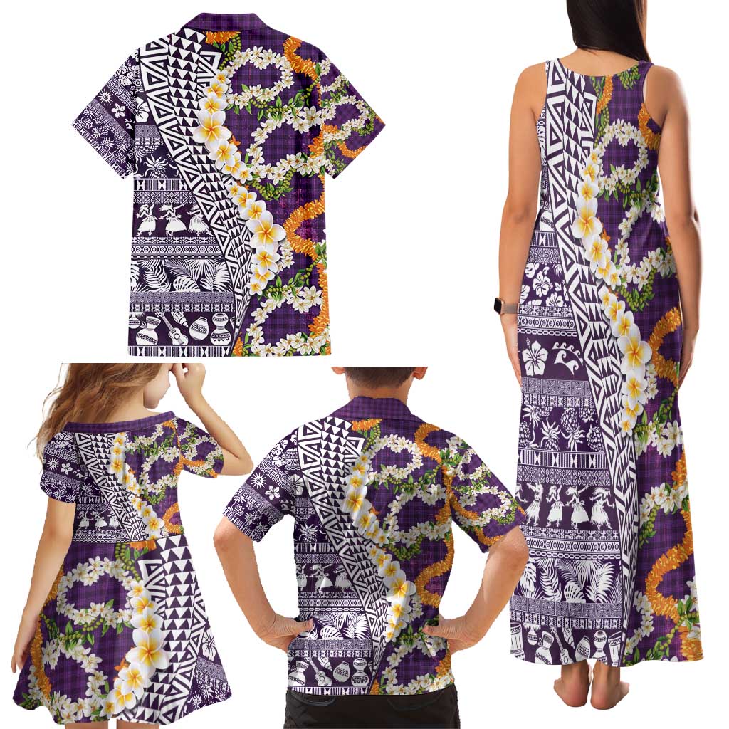 Hawaiian Plumeria Lei Family Matching Tank Maxi Dress and Hawaiian Shirt Kakau Motifs and Palaka Half Style Purple Color - Polynesian Pride