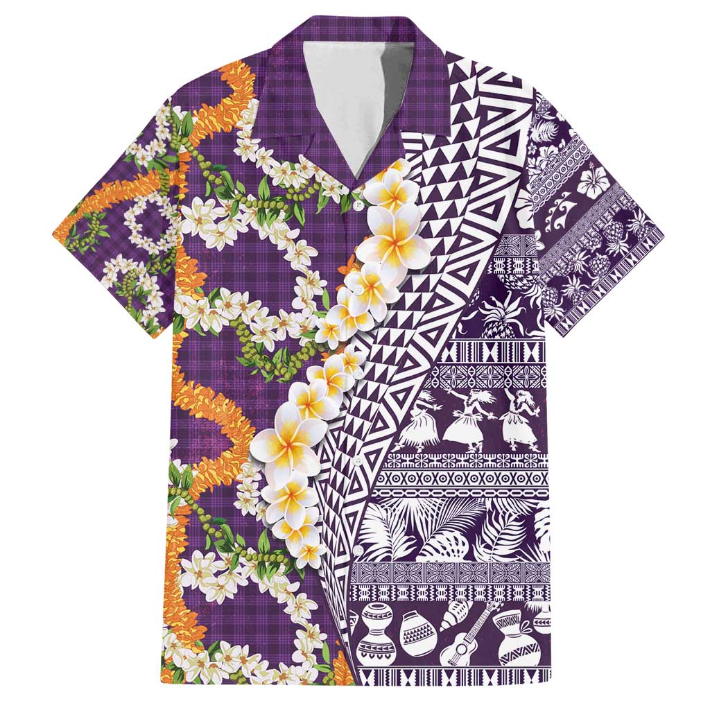 Hawaiian Plumeria Lei Family Matching Tank Maxi Dress and Hawaiian Shirt Kakau Motifs and Palaka Half Style Purple Color - Polynesian Pride