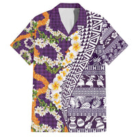 Hawaiian Plumeria Lei Family Matching Tank Maxi Dress and Hawaiian Shirt Kakau Motifs and Palaka Half Style Purple Color - Polynesian Pride