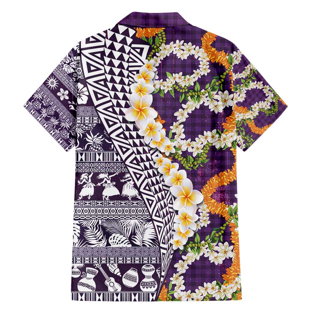 Hawaiian Plumeria Lei Family Matching Tank Maxi Dress and Hawaiian Shirt Kakau Motifs and Palaka Half Style Purple Color - Polynesian Pride