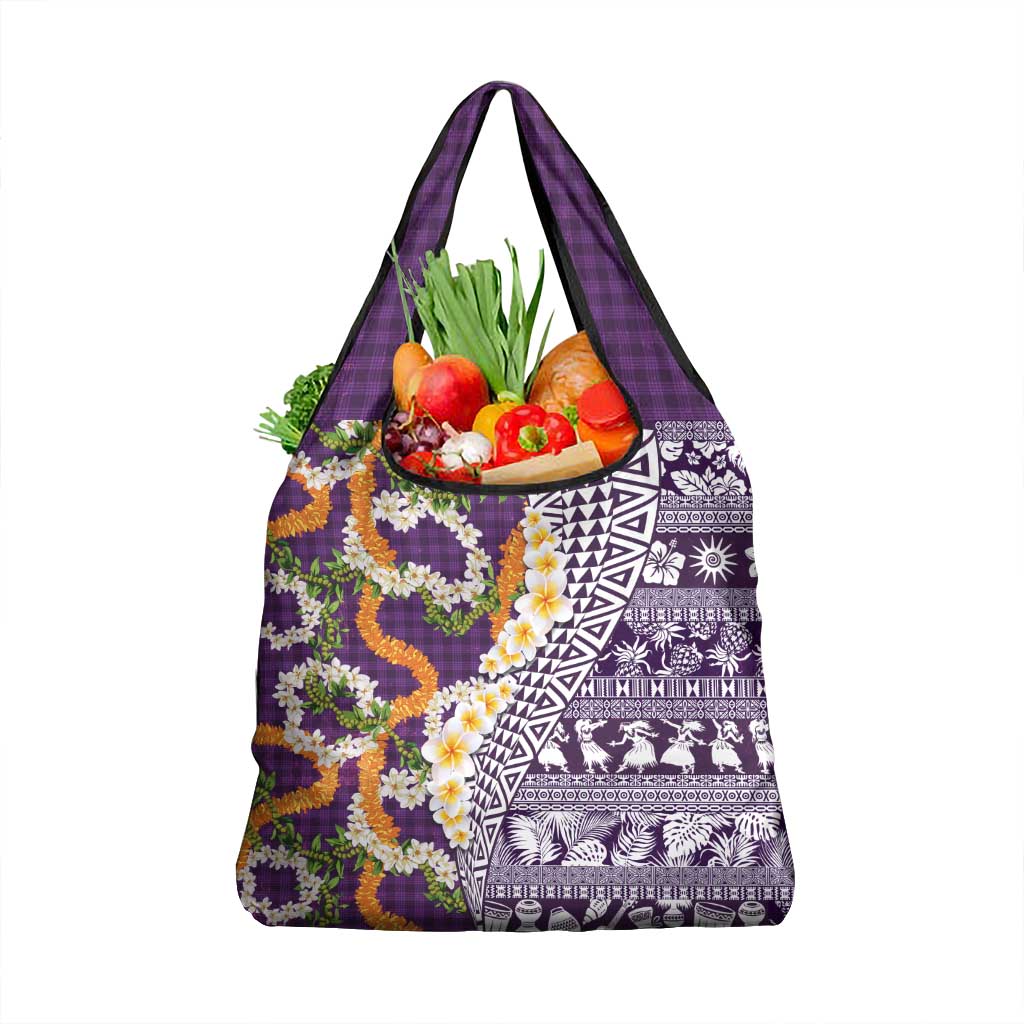 Hawaiian Plumeria Lei Grocery Bag Kakau Motifs and Palaka Half Style Purple Color - Polynesian Pride