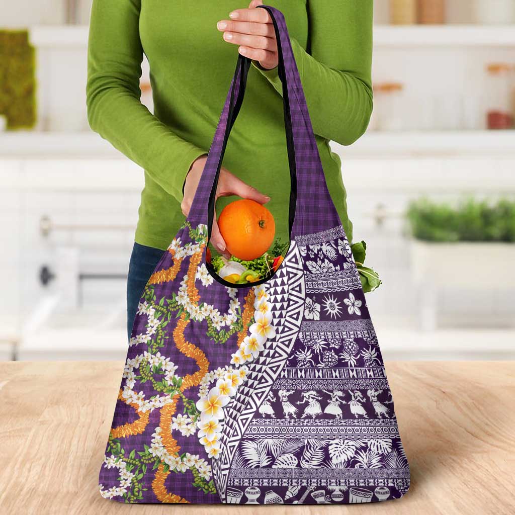 Hawaiian Plumeria Lei Grocery Bag Kakau Motifs and Palaka Half Style Purple Color - Polynesian Pride