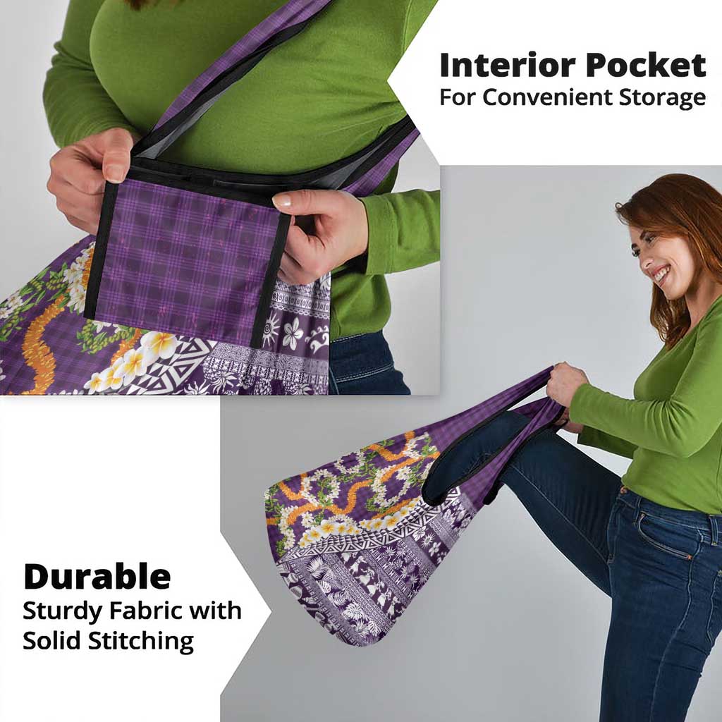 Hawaiian Plumeria Lei Grocery Bag Kakau Motifs and Palaka Half Style Purple Color - Polynesian Pride