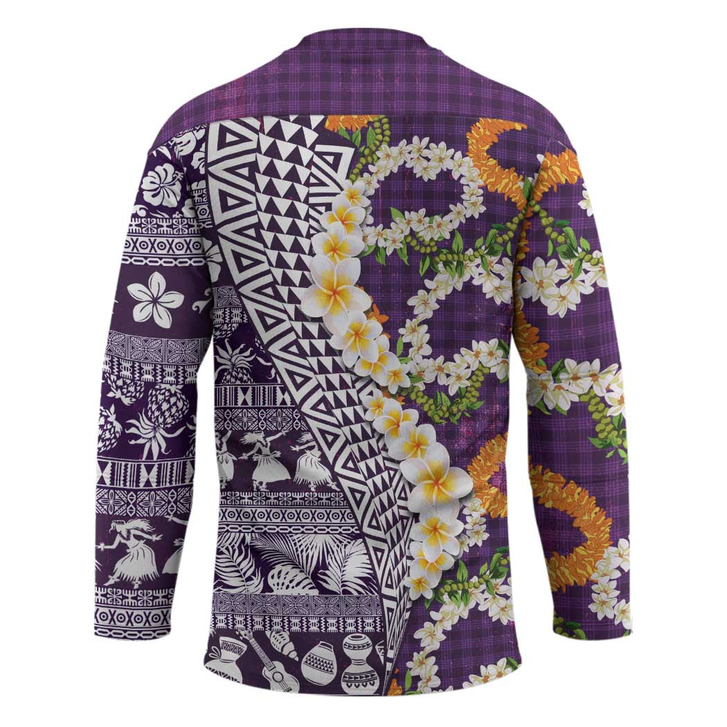 Hawaiian Plumeria Lei Hockey Jersey Kakau Motifs and Palaka Half Style Purple Color - Polynesian Pride