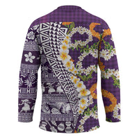 Hawaiian Plumeria Lei Hockey Jersey Kakau Motifs and Palaka Half Style Purple Color - Polynesian Pride