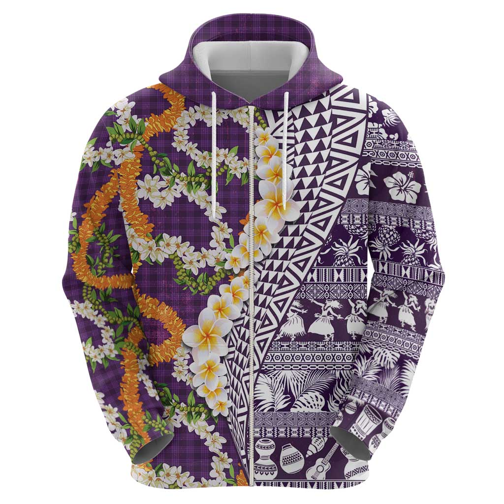 Hawaiian Plumeria Lei Hoodie Kakau Motifs and Palaka Half Style Purple Color - Polynesian Pride