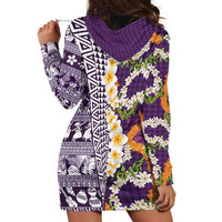 Hawaiian Plumeria Lei Hoodie Dress Kakau Motifs and Palaka Half Style Purple Color - Polynesian Pride