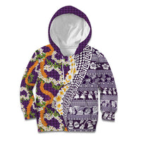 Hawaiian Plumeria Lei Kid Hoodie Kakau Motifs and Palaka Half Style Purple Color - Polynesian Pride