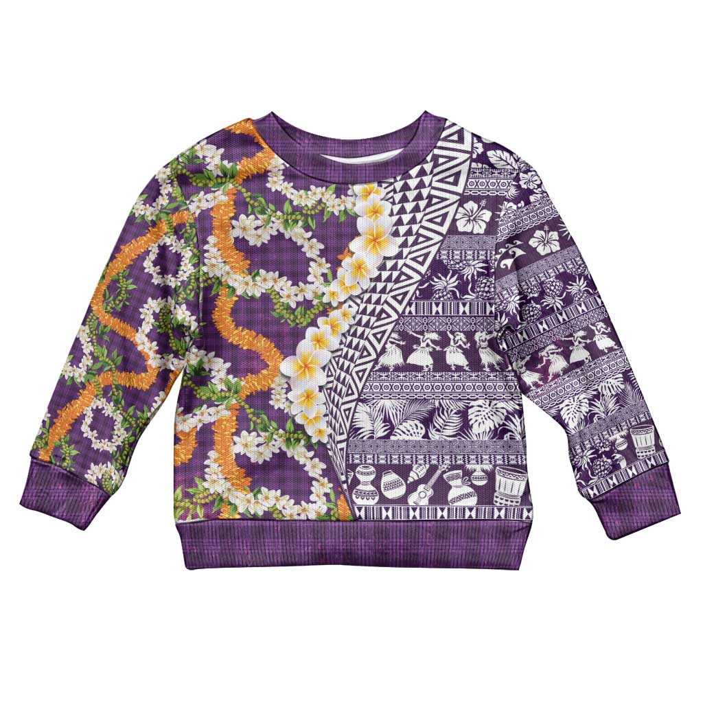Hawaiian Plumeria Lei Kid Ugly Christmas Sweater Kakau Motifs and Palaka Half Style Purple Color - Polynesian Pride