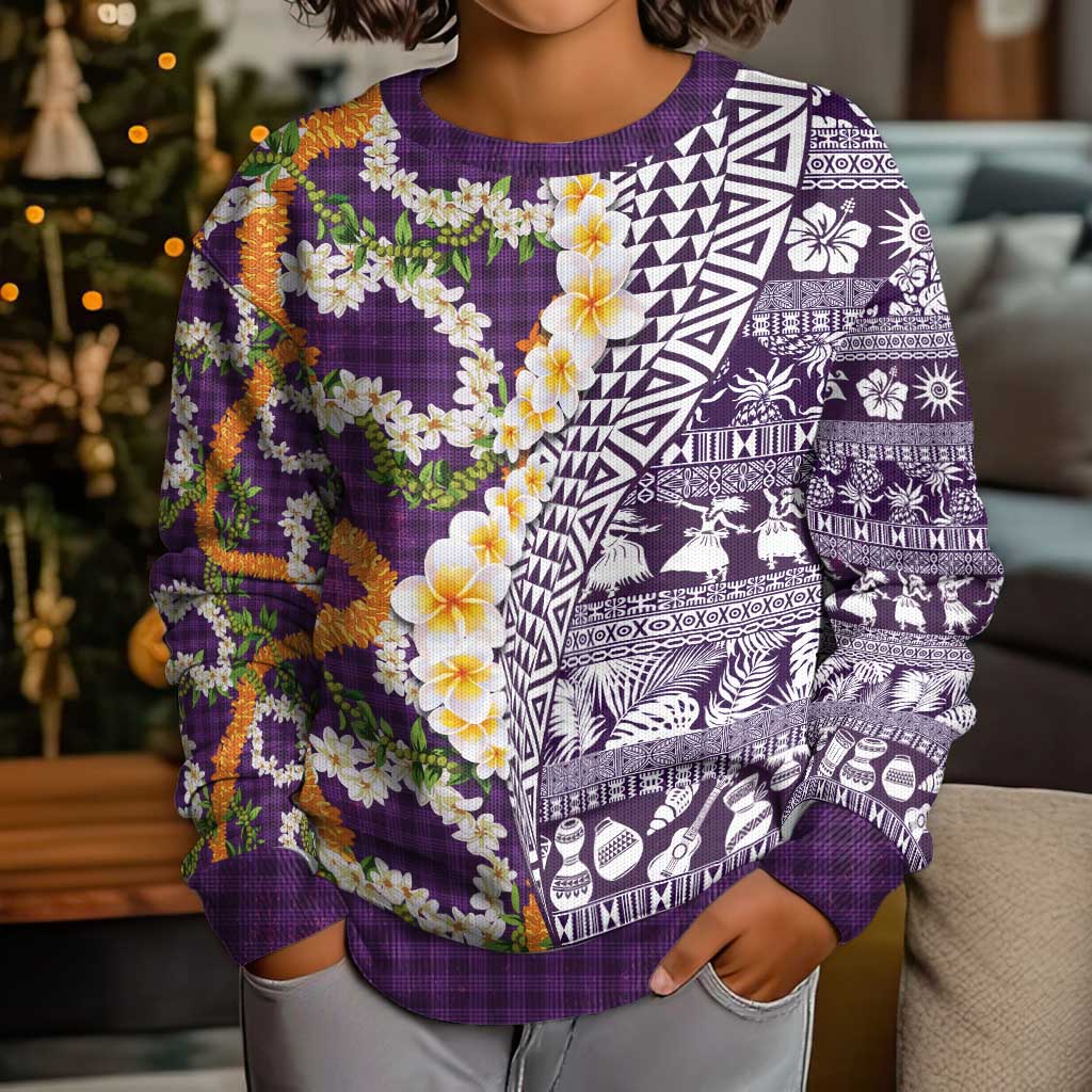 Hawaiian Plumeria Lei Kid Ugly Christmas Sweater Kakau Motifs and Palaka Half Style Purple Color - Polynesian Pride