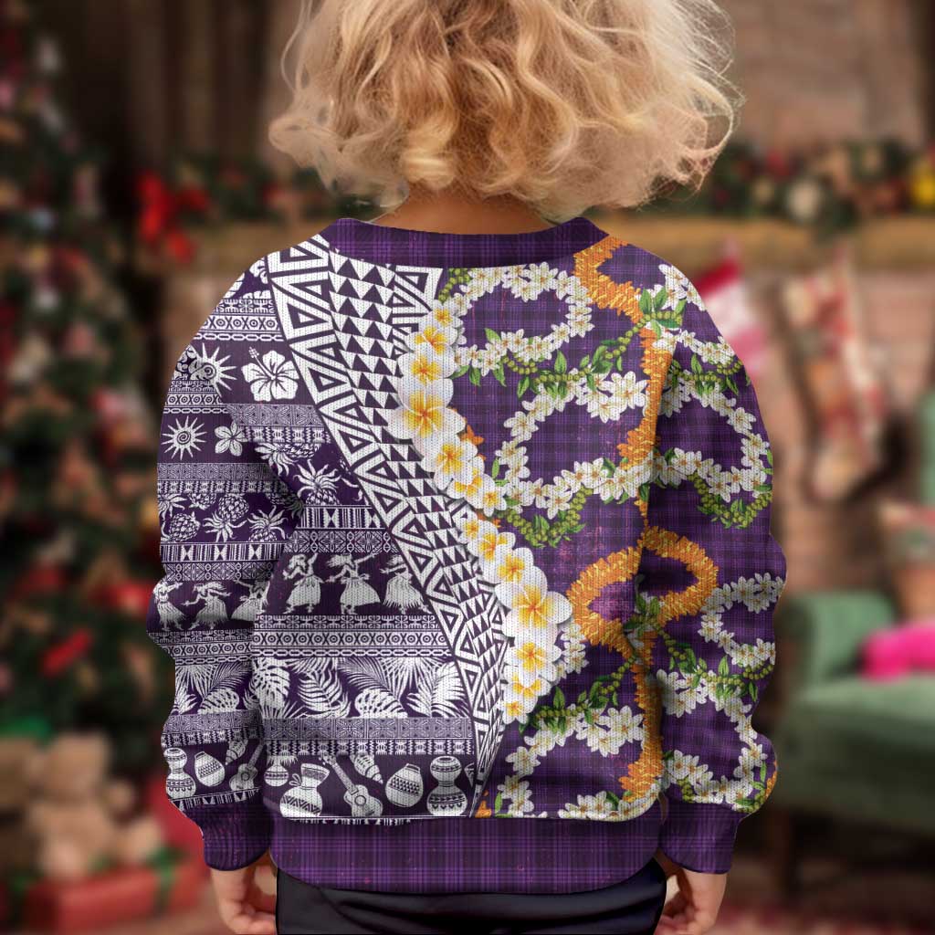 Hawaiian Plumeria Lei Kid Ugly Christmas Sweater Kakau Motifs and Palaka Half Style Purple Color - Polynesian Pride