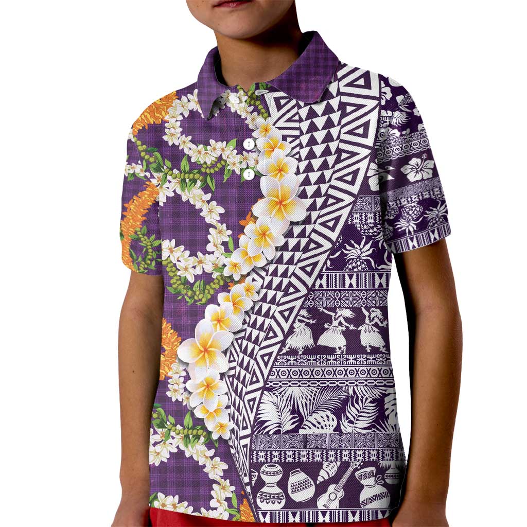 Hawaiian Plumeria Lei Kid Polo Shirt Kakau Motifs and Palaka Half Style Purple Color - Polynesian Pride
