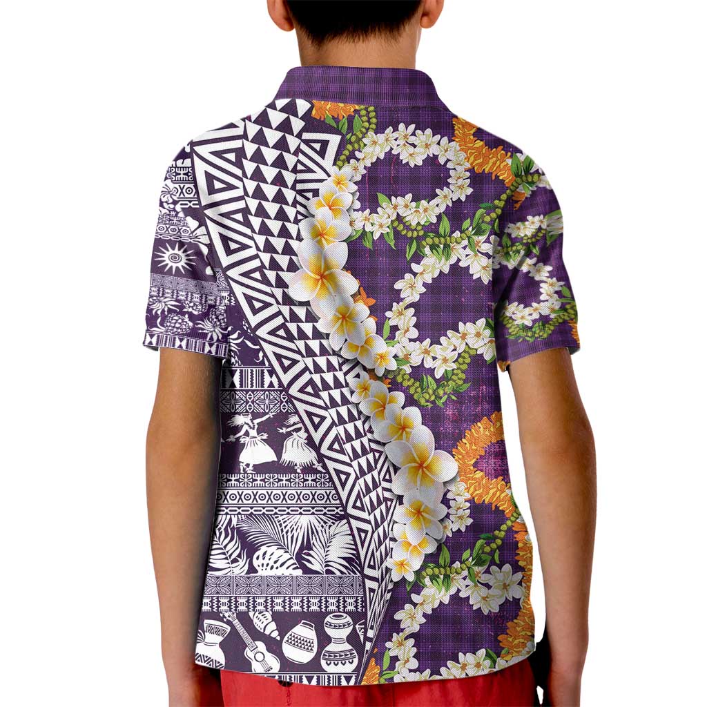 Hawaiian Plumeria Lei Kid Polo Shirt Kakau Motifs and Palaka Half Style Purple Color - Polynesian Pride