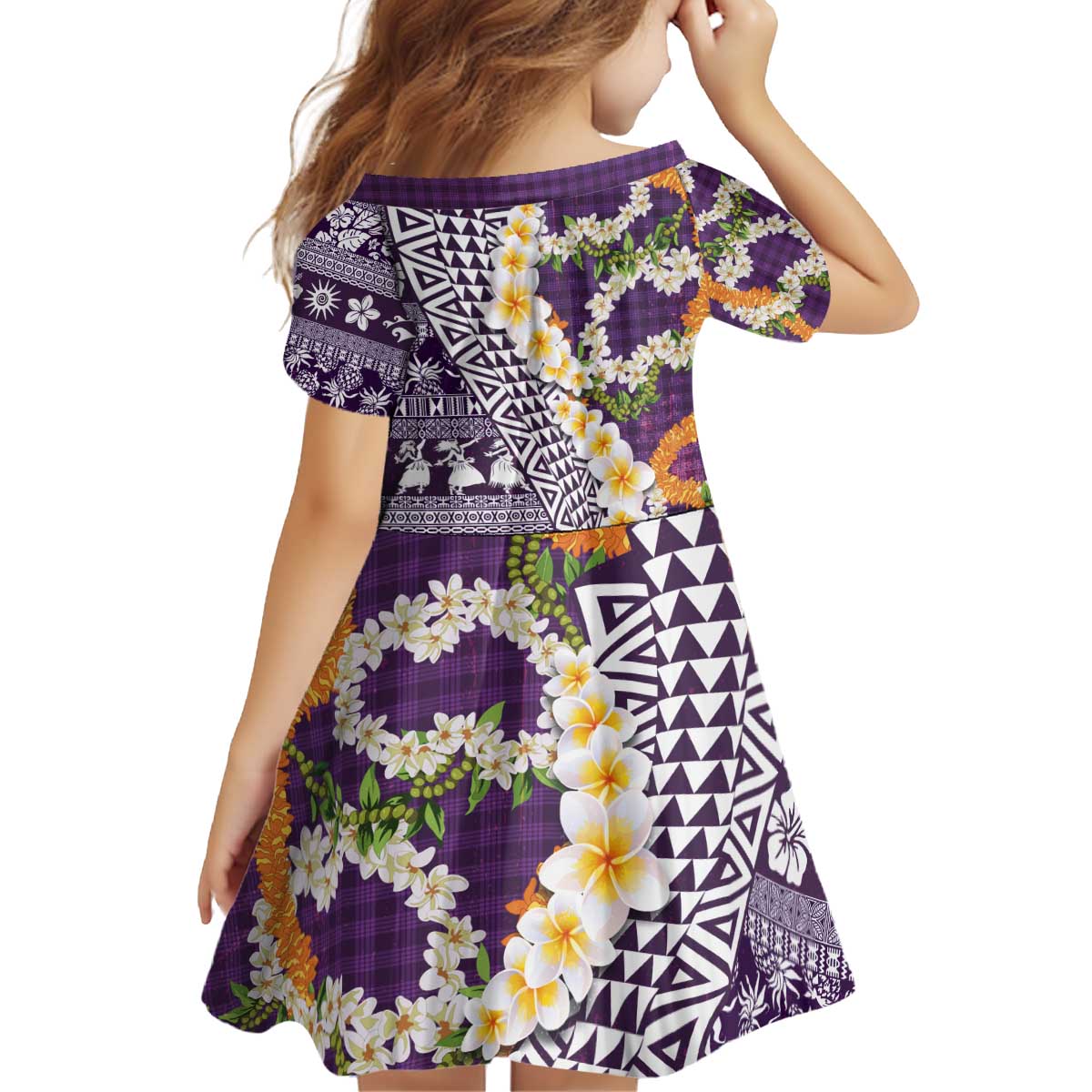 Hawaiian Plumeria Lei Kid Short Sleeve Dress Kakau Motifs and Palaka Half Style Purple Color - Polynesian Pride