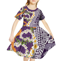 Hawaiian Plumeria Lei Kid Short Sleeve Dress Kakau Motifs and Palaka Half Style Purple Color - Polynesian Pride