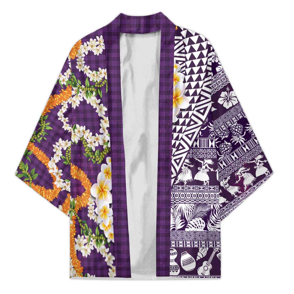 Hawaiian Plumeria Lei Kimono Kakau Motifs and Palaka Half Style Purple Color - Polynesian Pride