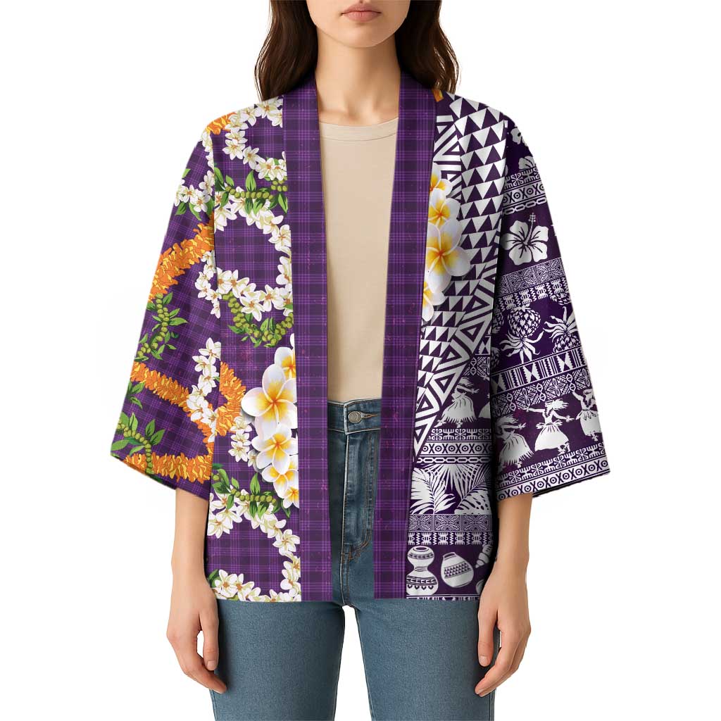 Hawaiian Plumeria Lei Kimono Kakau Motifs and Palaka Half Style Purple Color - Polynesian Pride