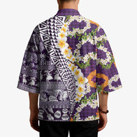 Hawaiian Plumeria Lei Kimono Kakau Motifs and Palaka Half Style Purple Color - Polynesian Pride