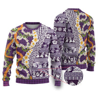 Hawaiian Plumeria Lei Ugly Christmas Sweater Kakau Motifs and Palaka Half Style Purple Color - Polynesian Pride