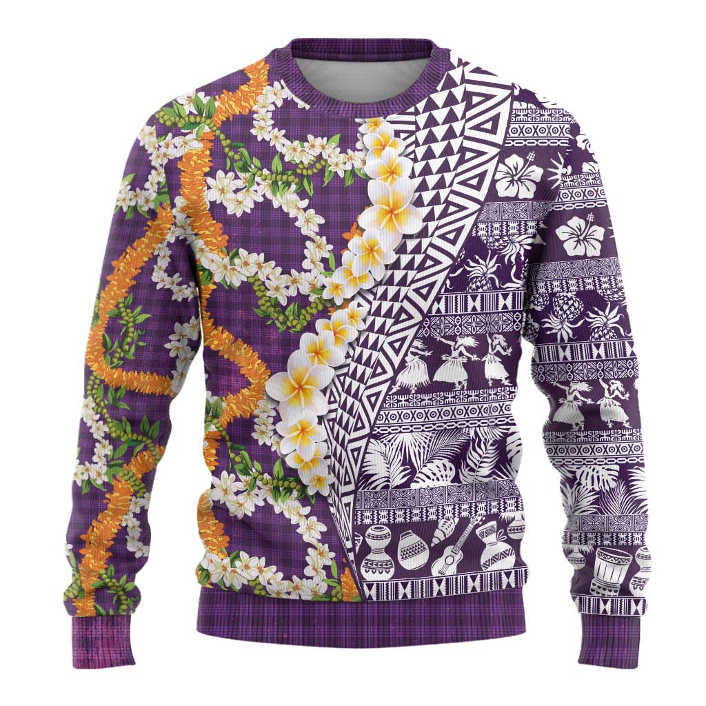 Hawaiian Plumeria Lei Ugly Christmas Sweater Kakau Motifs and Palaka Half Style Purple Color - Polynesian Pride