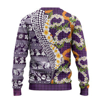 Hawaiian Plumeria Lei Ugly Christmas Sweater Kakau Motifs and Palaka Half Style Purple Color - Polynesian Pride